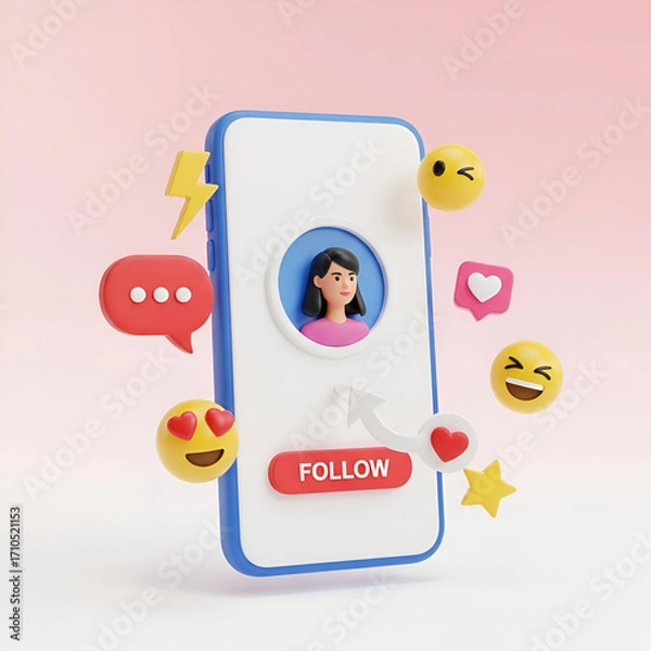 Fototapeta Smartphone displaying a profile with a follow button and social media icons and emojis, isolated on white background