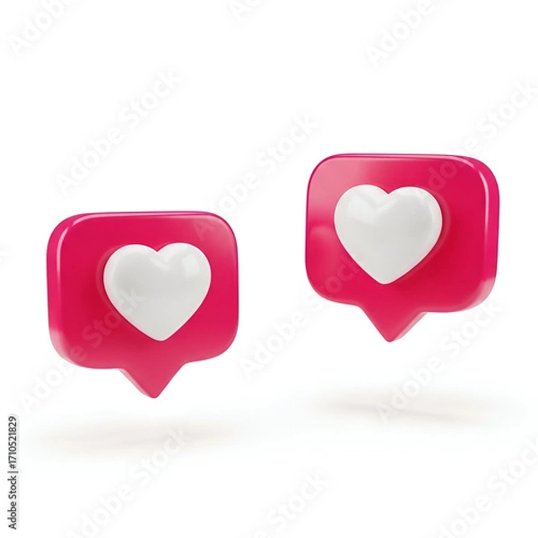 Fototapeta Two pink social media like notification icons with white hearts isolated on white background