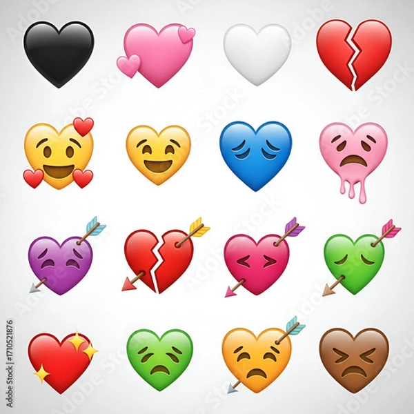 Fototapeta Collection of 16 heart emojis with different expressions and colors, including broken hearts, crying hearts, and hearts with arrows