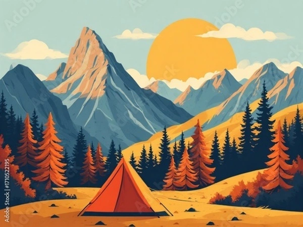 Obraz Camping autumn mountain landscape vector illustration