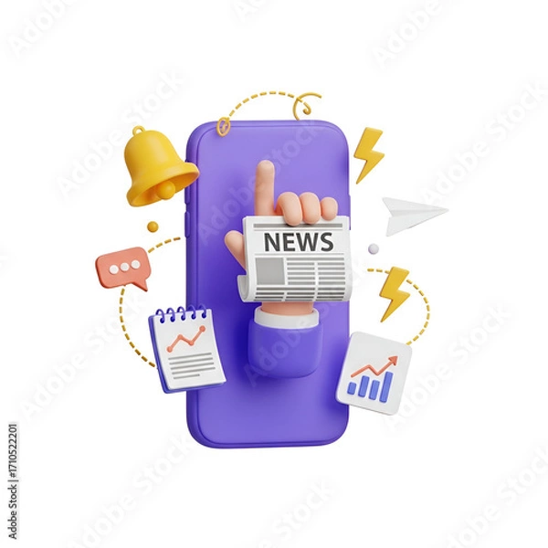 Fototapeta Smartphone with a hand holding a newspaper with the word news and various notification icons
