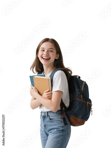 Fototapeta Smiling student holds books on transparent background for digital design, posters, or advertising. PNG.