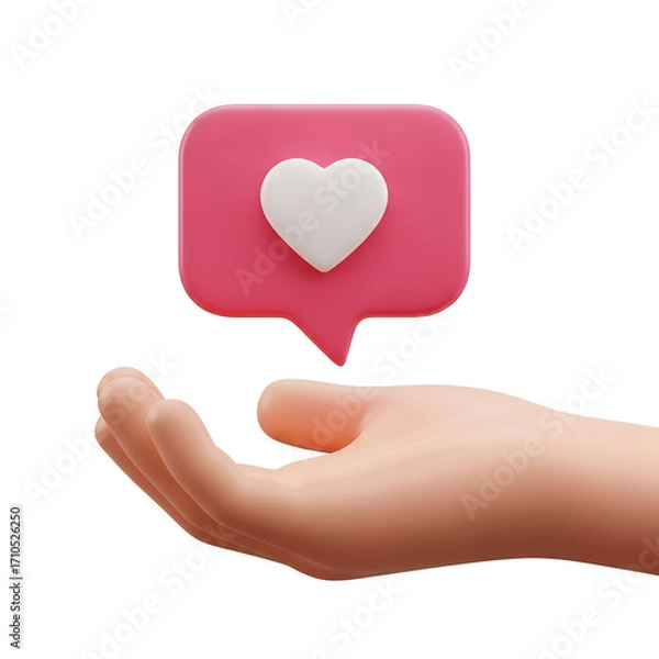 Fototapeta Hand holding a pink speech bubble with a white heart icon, isolated on white background