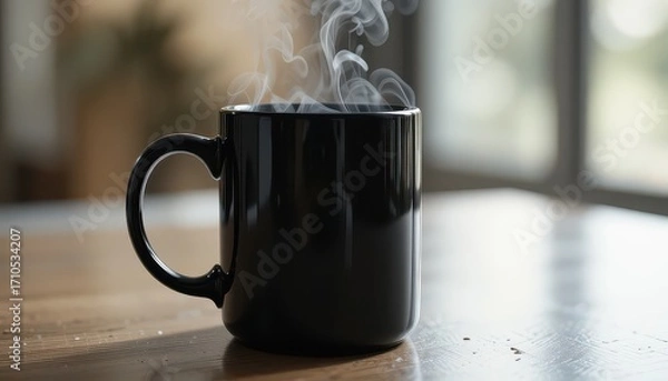 Fototapeta Steaming black mug of hot beverage on wooden table, creating a cozy, comforting morning atmosphere