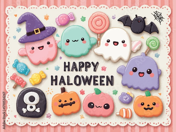 Fototapeta パステルカラーのハロウィンイラストレーション - 可愛いゴーストクッキー