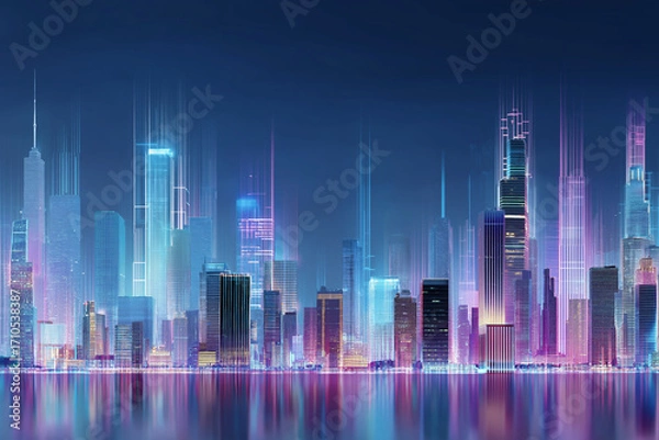 Fototapeta 未来都市の夜景とデジタルテクノロジー