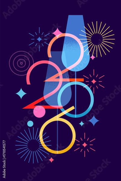Fototapeta 2026 New Year vector banner with cocktails or champagne and fireworks. Design for night party invitation or event poster
