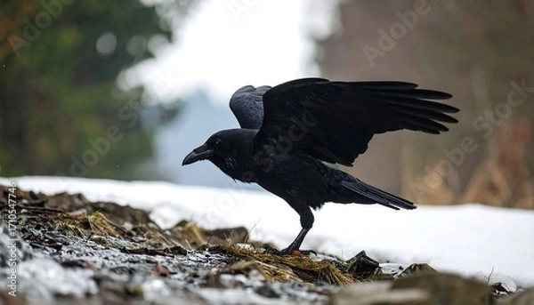 Fototapeta Raven in flight, landing in winter