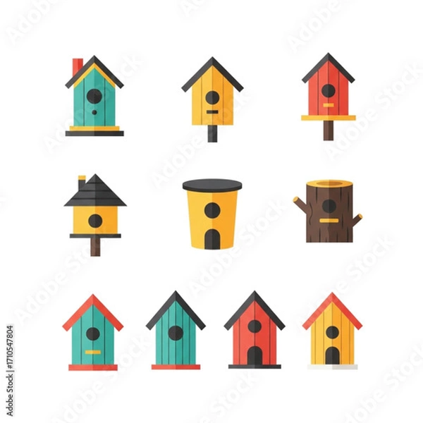 Fototapeta Collection of Colorful Birdhouses and a Tree Stump Flat Vector Design.