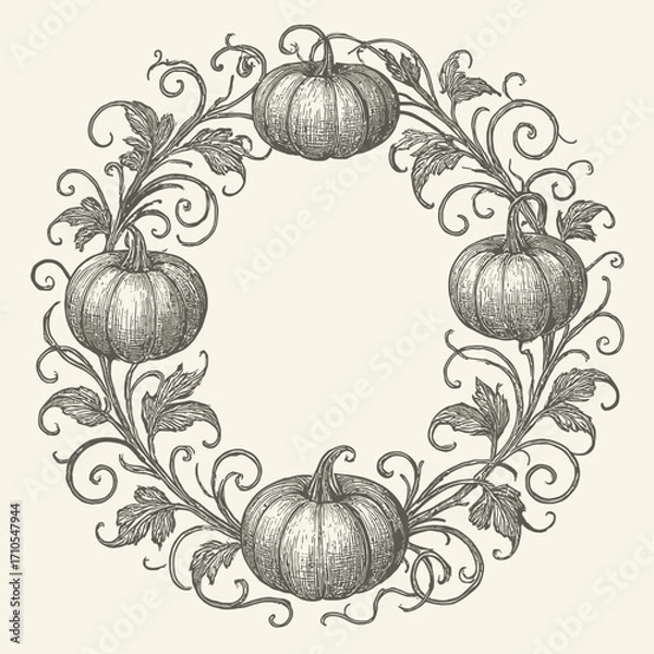 Fototapeta Intricate vintage-style illustration of pumpkins arranged in a decorative circular wreath with detailed vines and leaves, perfect for autumn, Thanksgiving, and rustic seasonal designs.