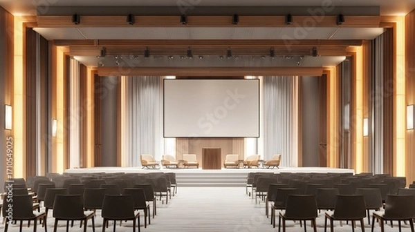 Fototapeta Contemporary Lecture Hall with Orange Columns — Presentation Stage