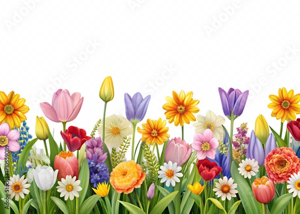 Fototapeta A field of vibrant red, pink, and yellow tulips blossoms in a beautiful spring garden on white background
