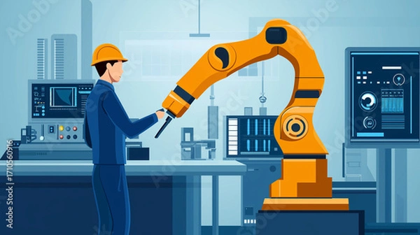 Fototapeta Illustration of an engineer with a hard hat operating an industrial robotic arm in a smart factory environment with digital screens, automation technology, and advanced control systems.