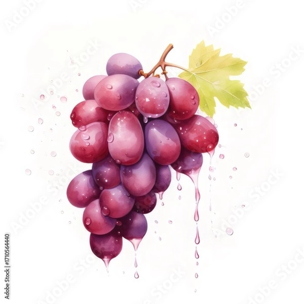 Fototapeta 赤紫色のブドウの房の静物画, 白い背景に水彩スタイル