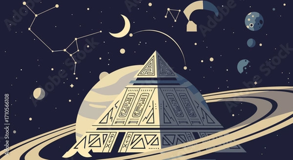 Fototapeta Ancient alien pyramid structure on a ringed planet.