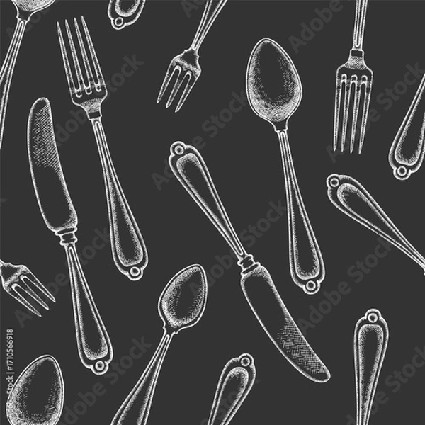 Fototapeta Vintage Hand Drawn Vector Seamless Pattern of Cutlery. Not AI Generated. Retro Chalk Board Fork Spoon Knife Engraved Kitchen Utensils Old Style Illustration