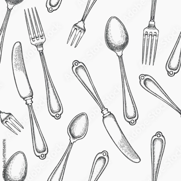 Fototapeta Vintage Hand Drawn Vector Seamless Pattern of Cutlery. Not AI Generated. Retro Fork  Spoon Knife Engraved Kitchen Utensils Old Style Illustration