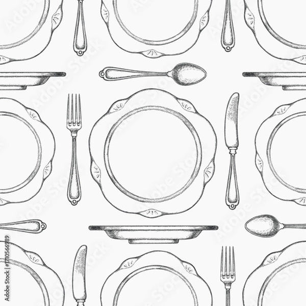 Fototapeta Vintage Hand Drawn Vector Seamless Pattern of Cutlery. Not AI Generated.  Fork Spoon Knife Plate Kitchen Utensils Old Style Illustration