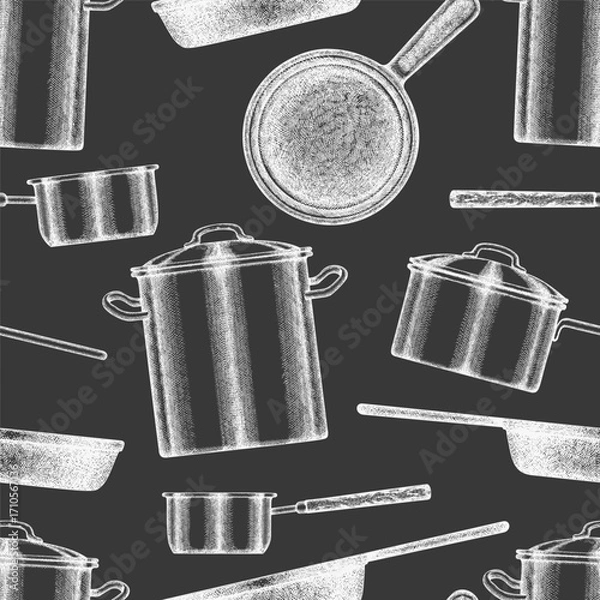 Fototapeta Hand Drawn Vintage Vector Seamless Pattern of Kitchen Cookware. Not AI Generated. Frying Pan, Skillet, Pot, Saucepan Old Style Chalk Board Illustration