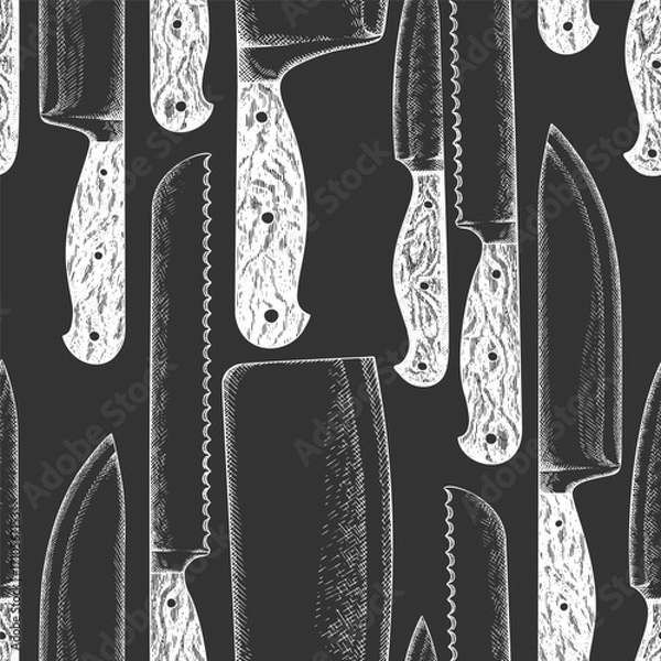 Fototapeta Hand Drawn Vintage Vector Seamless Pattern of Knifes. Not AI Generated. Kitchen Utensil Old Style Chalk Board Illustration