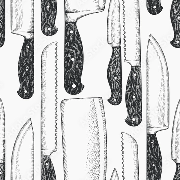 Fototapeta Hand Drawn Vintage Vector Seamless Pattern of Knifes. Not AI Generated. Kitchen Utensil Old Style Illustration
