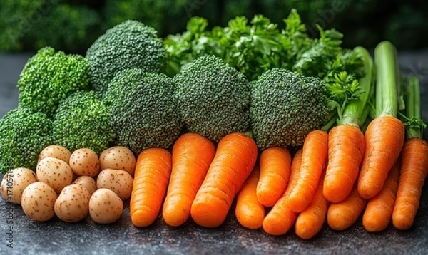 Obraz Fresh vegetables arranged on a dark surface