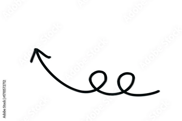 Fototapeta Black hand drawn curly arrow pointing left upward with looped strokes for highlight, presentation design, scrapbook accent, poster element, and creative overlays on transparent background