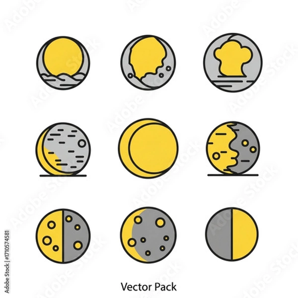Fototapeta Moon Phases Vector Icons Set Yellow and Gray Celestial Bodies Collection.