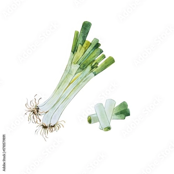 Obraz 白背景の水彩画による緑色のネギのイラスト