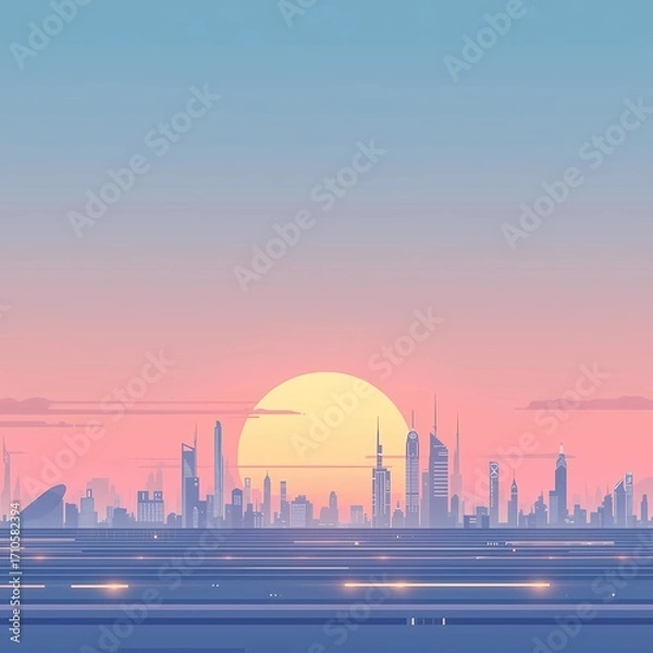 Fototapeta Futuristic City Skyline Vector at Sunset