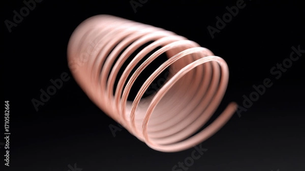 Fototapeta Copper wire coil with cable texture in close up view showing metallic shine and smooth surface on black background