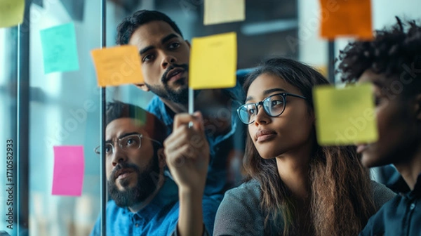 Fototapeta Three young professionals collaborate by writing on colorful sticky notes on a glass wall during a brainstorming session, symbolizing teamwork, creativity, planning, and innovation in a modern office.