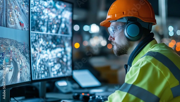 Fototapeta Engineer in safety gear monitors multiple screens displaying port operations and logistics control. Concept of industrial safety, shipping management, and smart infrastructure technology