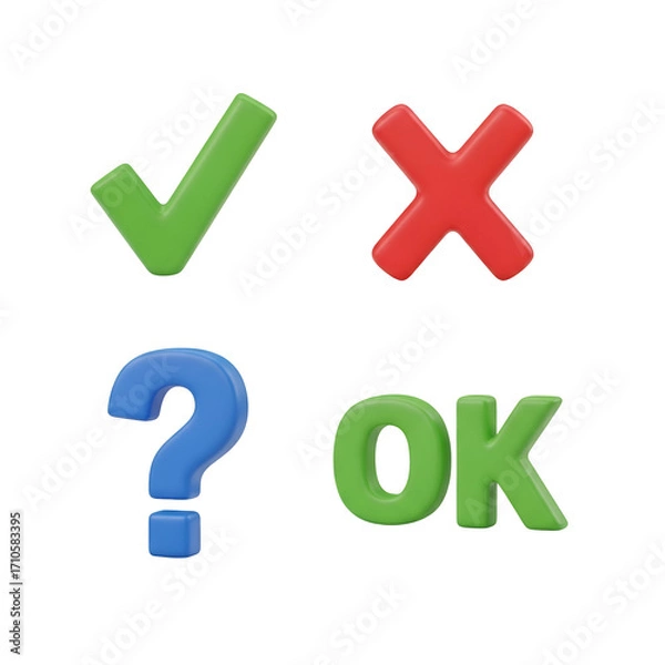 Fototapeta Green checkmark red cross blue question mark and OK text