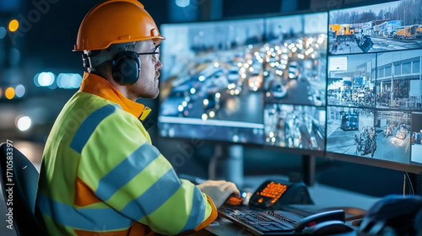 Fototapeta Engineer in safety gear monitors multiple screens displaying port operations and logistics control. Concept of industrial safety, shipping management, and smart infrastructure technology
