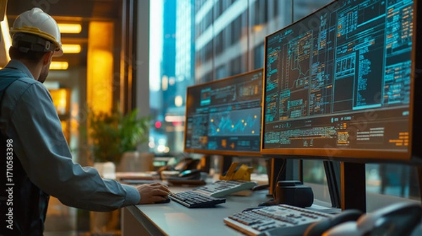 Fototapeta Engineer in safety gear monitors multiple screens displaying port operations and logistics control. Concept of industrial safety, shipping management, and smart infrastructure technology