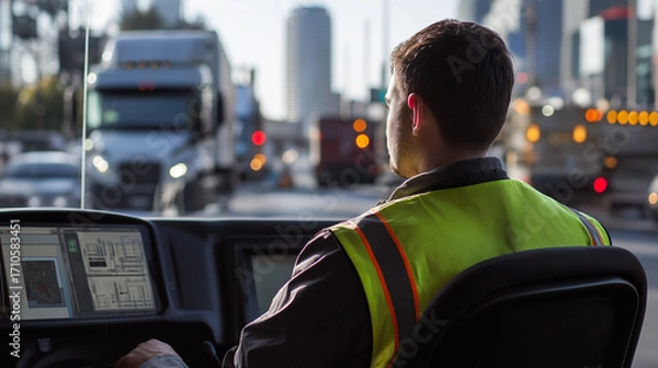Fototapeta Engineer in safety gear monitors multiple screens displaying port operations and logistics control. Concept of industrial safety, shipping management, and smart infrastructure technology