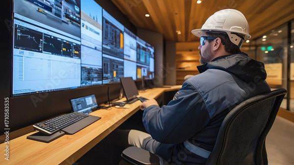 Fototapeta Engineer in safety gear monitors multiple screens displaying port operations and logistics control. Concept of industrial safety, shipping management, and smart infrastructure technology