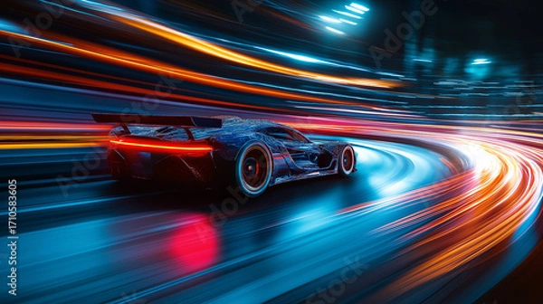 Fototapeta A sleek futuristic sports car speeds around a glowing racetrack at night, surrounded by vibrant neon light trails. Concept of speed, technology, cyberpunk racing, and modern automotive design.