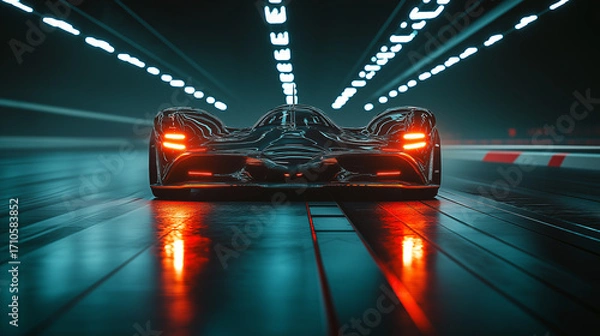 Fototapeta A futuristic racing car speeds through a neon-lit tunnel, glowing with red taillights and sleek curves, symbolizing innovation, technology, cyberpunk design, and the future of motorsport performance.