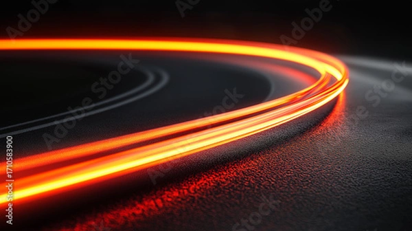 Fototapeta Abstract neon light trails in red and blue curving through a futuristic race track at night, symbolizing speed, motion, cyberpunk design, technology, and high-energy racing environments.