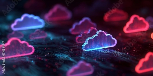 Fototapeta Futuristic cloud computing illustration with data streams and digital elements in vibrant neon colors
