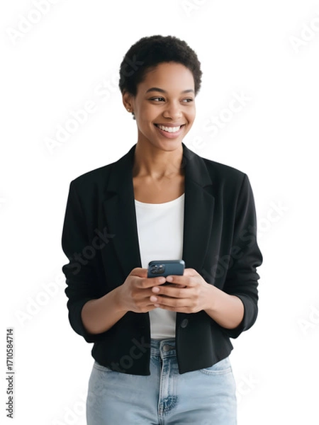 Fototapeta Smiling woman uses a phone. PNG, Transparent background for social media posts, ads.