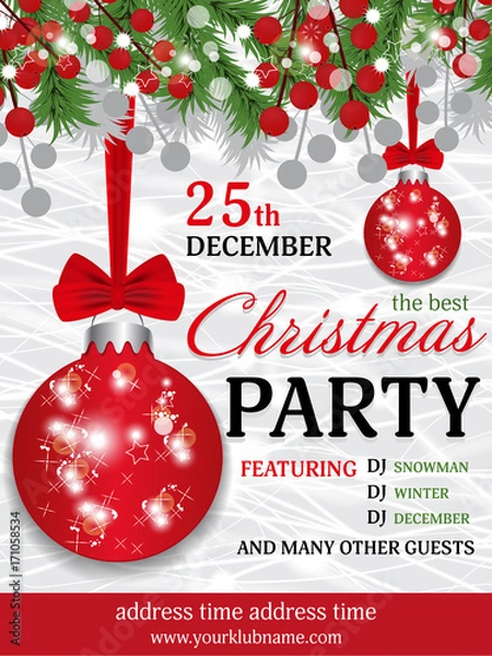Fototapeta Christmas party invitation template background with fir branches and red berry and red balls with bow. Vector