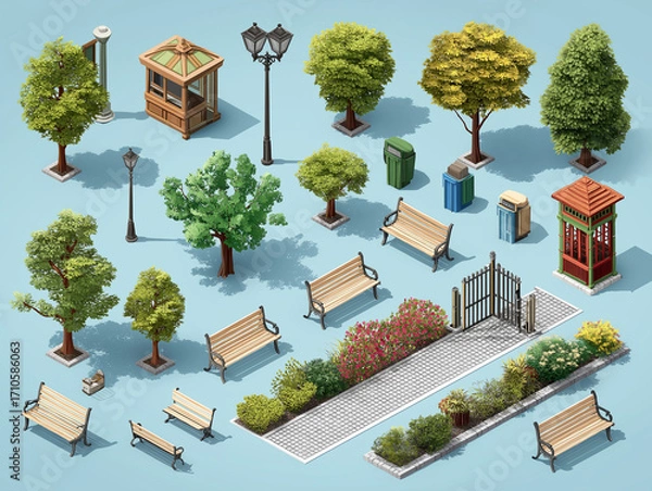 Fototapeta Modern park isometric elements constructor mega set. Creator kit with flat graphic street lanterns, trees and bushes, fences, benches, trash bins, paths. Vector illustration in 3D isometry design. HQ.
