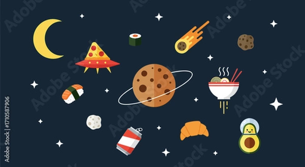 Fototapeta Cosmic Food Planet with orbiting treats and comet.