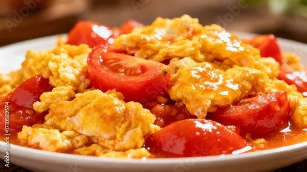 Fototapeta Scrambled Eggs with Tomatoes, Perfect for Breakfast Lovers and Chinese Food Enthusiasts