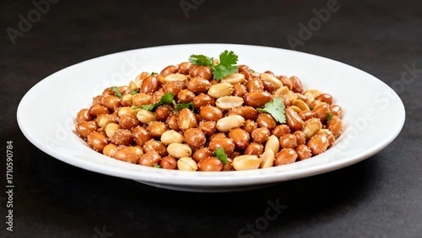 Fototapeta Salted Roasted Peanuts Platter with Cilantro, Ideal for Snack Lovers and Food Enthusiasts