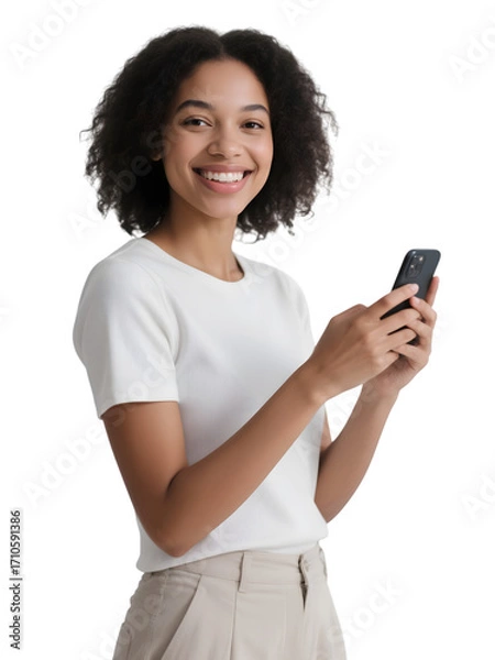 Fototapeta Smiling woman holds phone on transparent background for branding.
