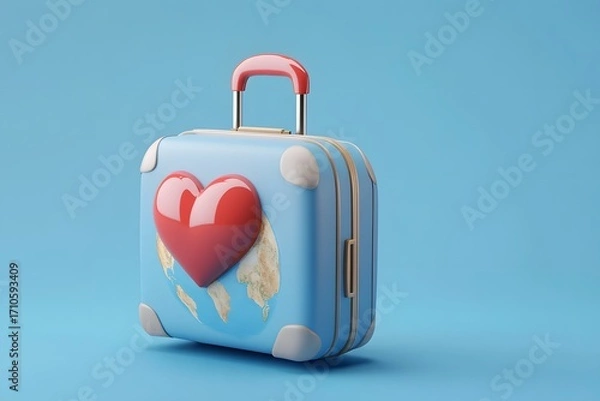 Fototapeta Blue Suitcase with World Map and Heart for Global Travel